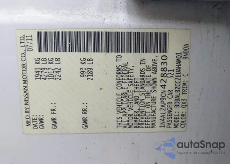 2012 Nissan Altima 2.5 S z USA, uszkodzony, nr VIN 1N4AL2AP9CN428830